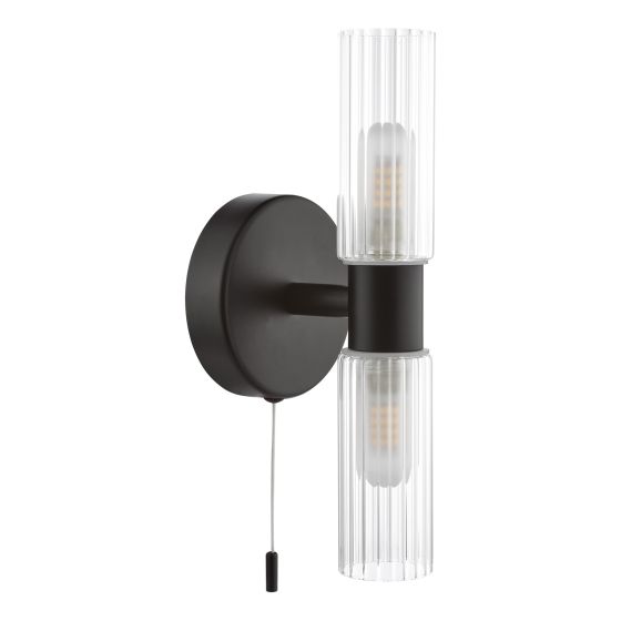 Där Lighting Bolton 2 Light Bathroom Wall Light Matt Black And Ribbed Glass IP44