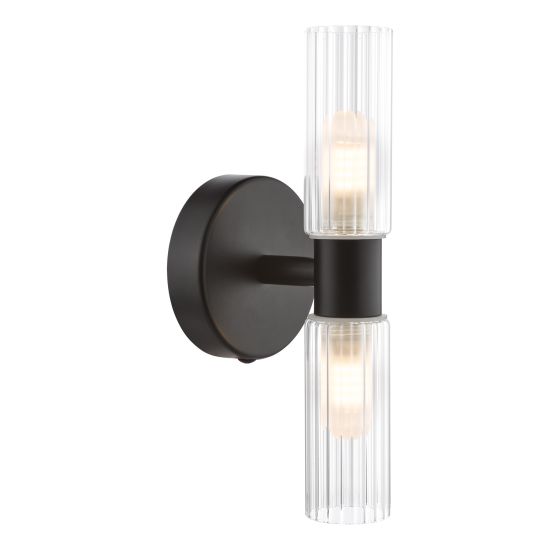 Där Lighting Bolton 2 Light Bathroom Wall Light Matt Black And Ribbed Glass IP44