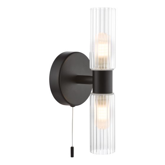 där lighting Bolton 2 Light Bathroom Wall Light Matt Black and Ribbed Glass IP44