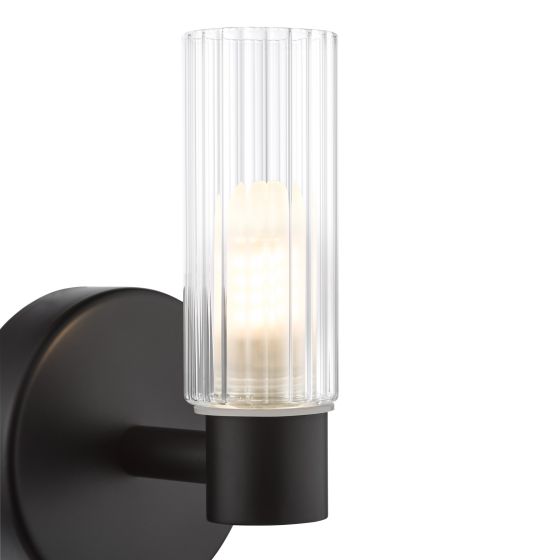 Där Lighting Bolton Bathroom Wall Light Matt Black And Ribbed Glass IP44