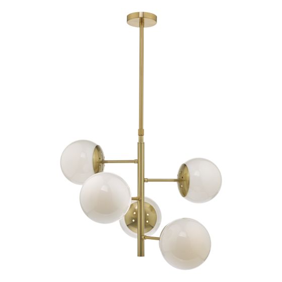 där lighting Bombazine 5 Light Pendant Natural Brass & Opal Glass