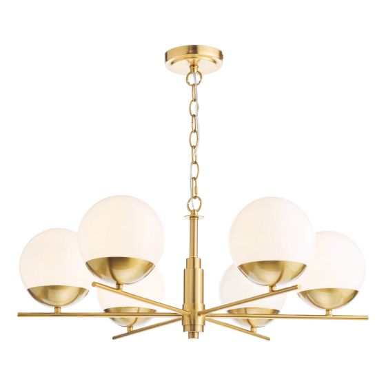 där lighting Bombazine 6 Light Pendant Natural Brass and Opal Glass