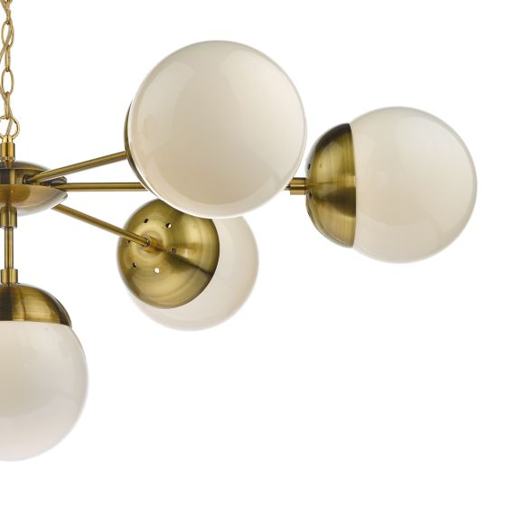 Där Lighting Bombazine 7 Light Pendant Natural Brass & White Opal Glass