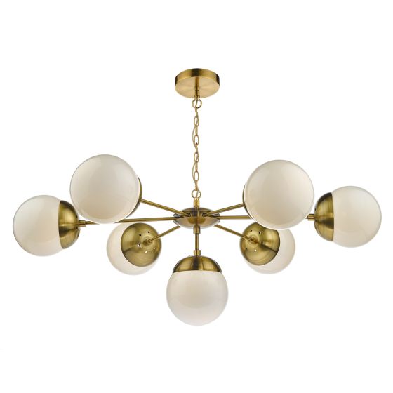 Där Lighting Bombazine 7 Light Pendant Natural Brass & White Opal Glass
