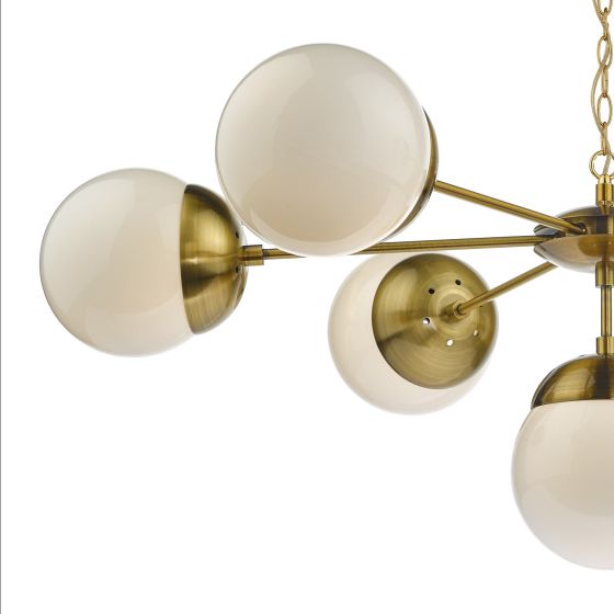 där lighting Bombazine 7 Light Pendant Natural Brass & White Opal Glass