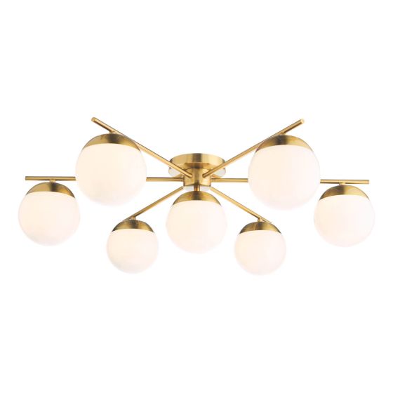 där lighting Bombazine 7 Light Semi-Flush Natural Brass and Opal Glass