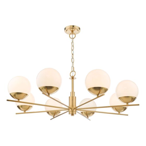 där lighting Bombazine 8 Light Pendant Natural Brass Opal Glass