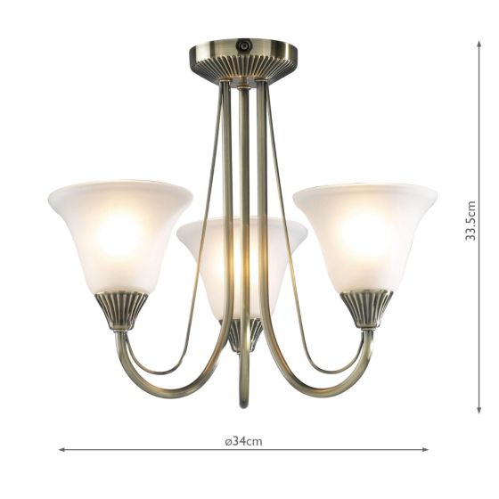 Där Lighting Boston 3 Light Semi-Flush Antique Brass And Opal Glass