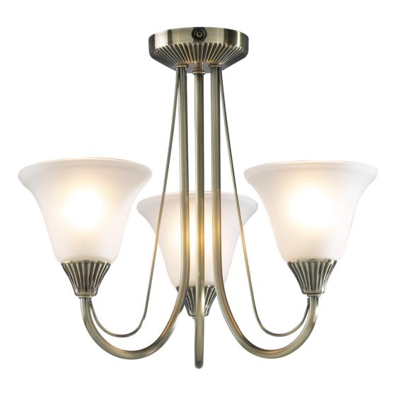 där lighting Boston 3 Light Semi-Flush Antique Brass and Opal Glass