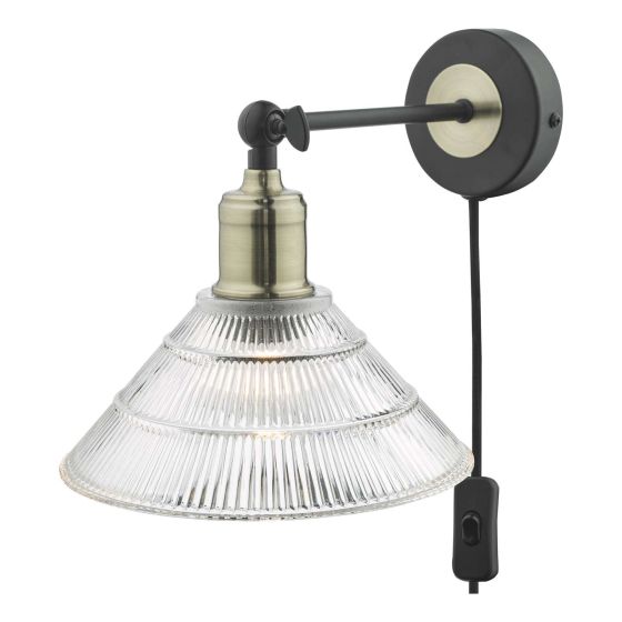 Där Lighting Boyd Wall Light Antique Brass & Matt Black With Glass Shade - Plug In