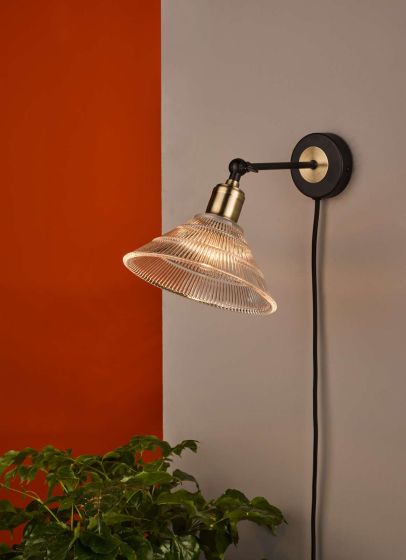 Där Lighting Boyd Wall Light Antique Brass & Matt Black With Glass Shade - Plug In