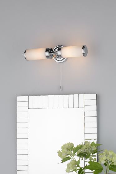 Där Lighting Century Bathroom 2 Light Wall Light Polished Chrome Opal Glass IP44