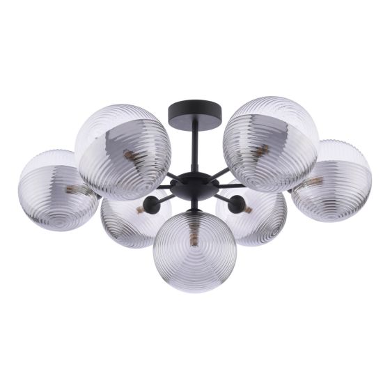 Där Lighting Cohen 7 Light Semi-Flush Matt Black & Smoked/Clear Ribbed Glass