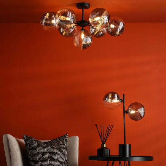 Där Lighting Cohen 7 Light Semi-Flush Matt Black & Smoked/Clear Ribbed Glass
