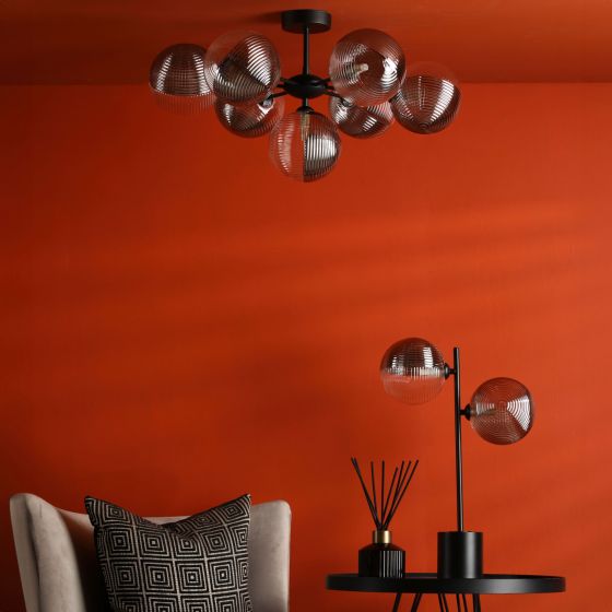 Där Lighting Cohen 7 Light Semi-Flush Matt Black & Smoked/Clear Ribbed Glass