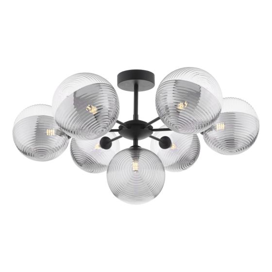 Där Lighting Cohen 7 Light Semi-Flush Matt Black & Smoked/Clear Ribbed Glass
