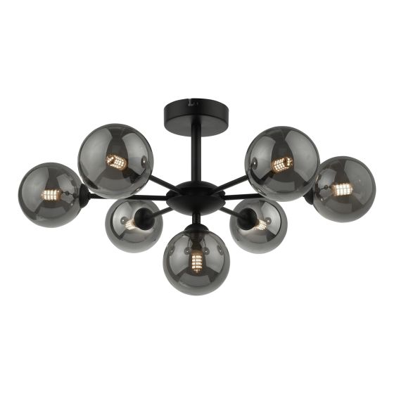 där lighting Cohen 7 Light Semi Flush Matt Black Smoked Glass