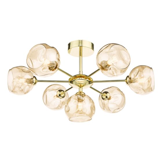 där lighting Cohen 7 Light Semi Flush Polished Gold Amber Glass