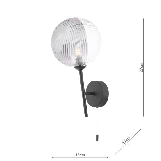 Där Lighting Cohen Wall Light Matt Black & Smoked/Clear Ribbed Glass
