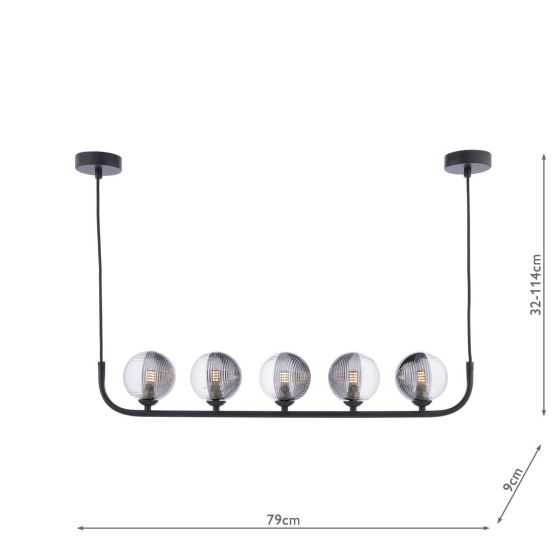Där Lighting Cradle 5 Light Bar Pendant Matt Black & Smoked/Clear Ribbed Glass