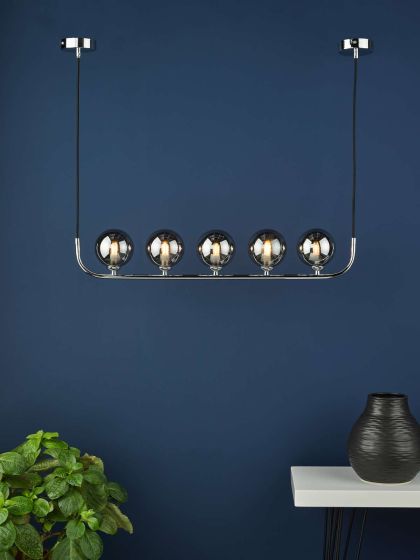 Där Lighting Cradle 5 Light Bar Pendant Polished Chrome Smoked Glass