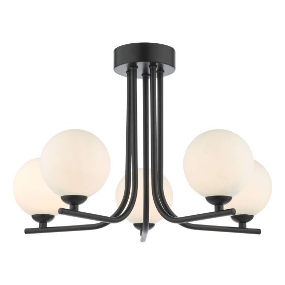 där lighting Cradle 5 Light Semi Flush Matt Black Opal Glass