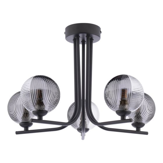 Där Lighting Cradle 5 Light Semi-Flush Matt Black & Smoked/Clear Ribbed Glass