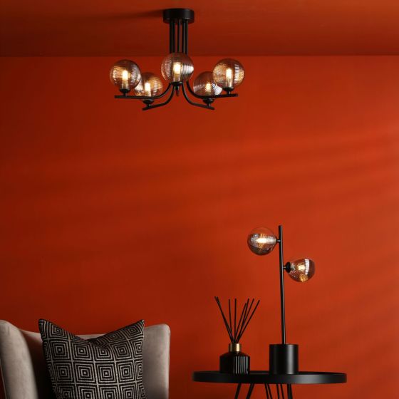 Där Lighting Cradle 5 Light Semi-Flush Matt Black & Smoked/Clear Ribbed Glass