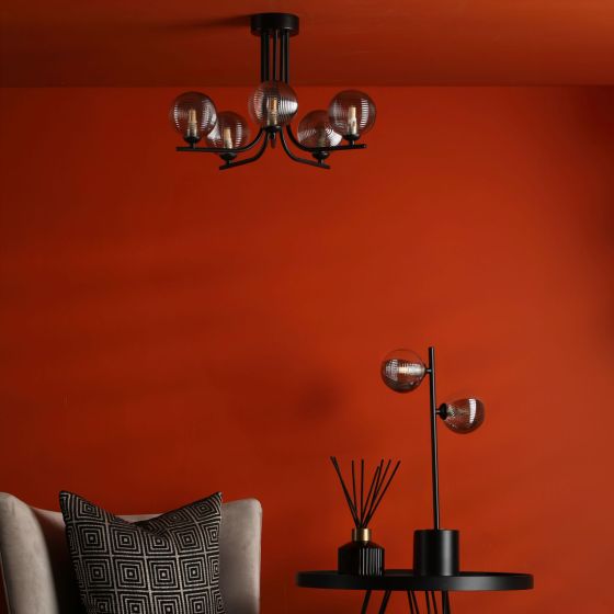 Där Lighting Cradle 5 Light Semi-Flush Matt Black & Smoked/Clear Ribbed Glass