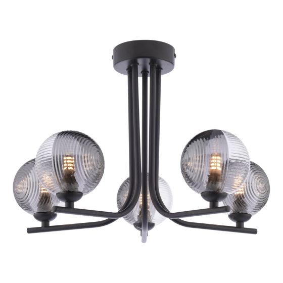 där lighting Cradle 5 Light Semi-Flush Matt Black & Smoked/Clear Ribbed Glass