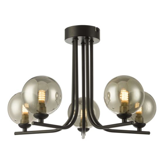 där lighting Cradle 5 Light Semi Flush Matt Black Smoked Glass