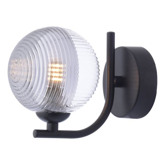 Där Lighting Cradle Wall Light Matt Black & Smoked/Clear Ribbed Glass