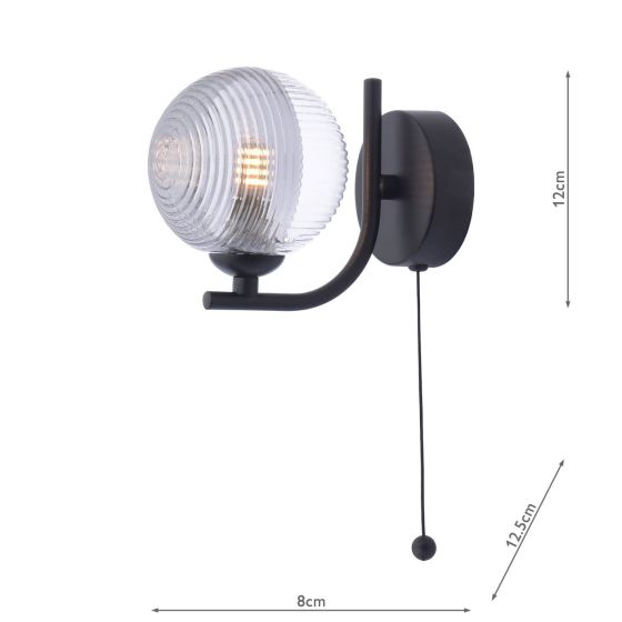 Där Lighting Cradle Wall Light Matt Black & Smoked/Clear Ribbed Glass