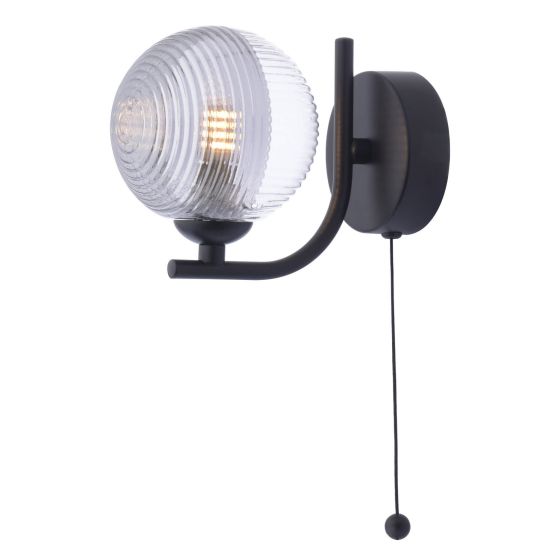 där lighting Cradle Wall Light Matt Black & Smoked/Clear Ribbed Glass
