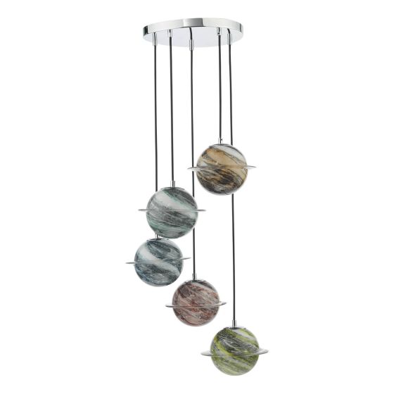 Där Lighting Cygnus 5 Light Cluster Pendant Polished Chrome And Planet Style Glass