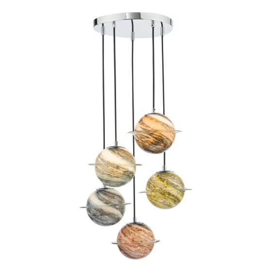 Där Lighting Cygnus 5 Light Cluster Pendant Polished Chrome And Planet Style Glass