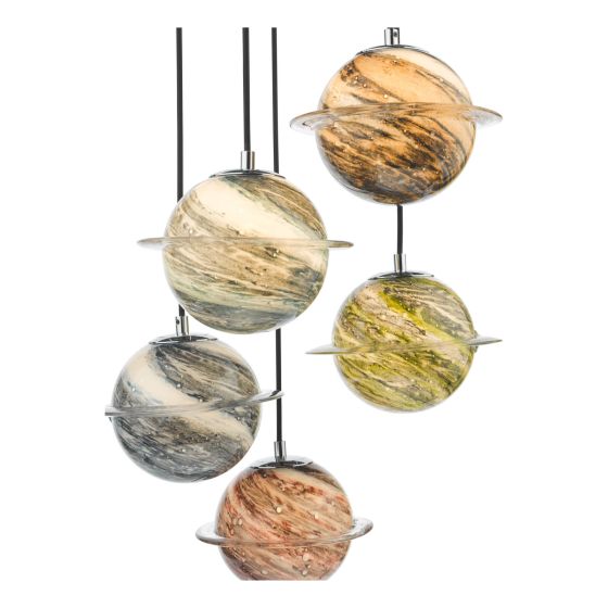 Där Lighting Cygnus 5 Light Cluster Pendant Polished Chrome And Planet Style Glass
