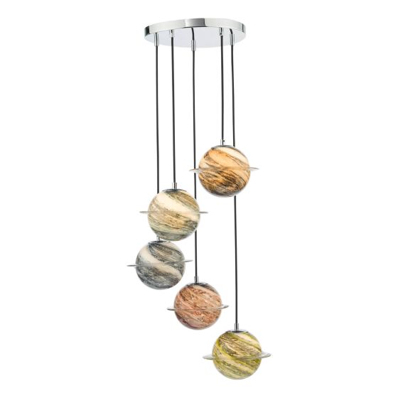 där lighting Cygnus 5 Light Cluster Pendant Polished Chrome and Planet Style Glass