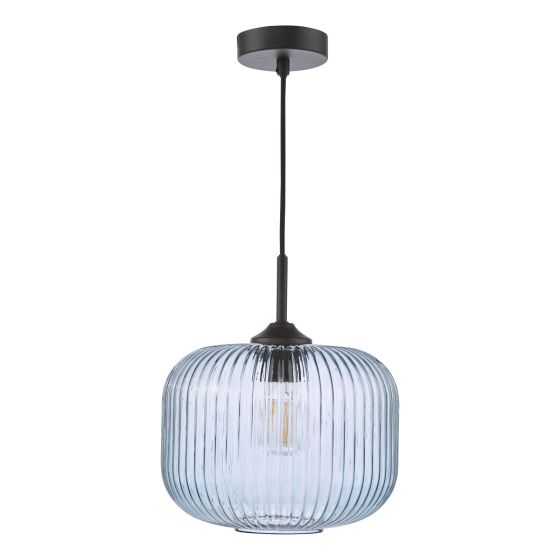 Där Lighting Demarius Pendant Matt Black And Blue Ribbed Glass