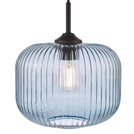 Där Lighting Demarius Pendant Matt Black And Blue Ribbed Glass