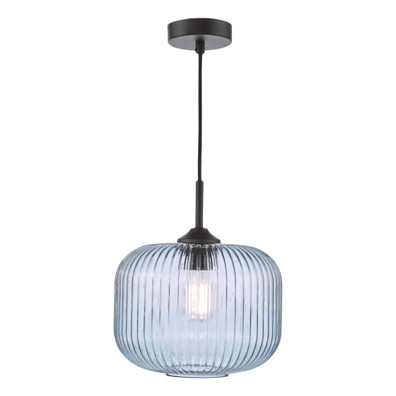 där lighting Demarius Pendant Matt Black and Blue Ribbed Glass