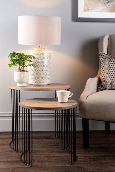 Där Lighting Drum Nest Of 2 Round Tables Oak Effect