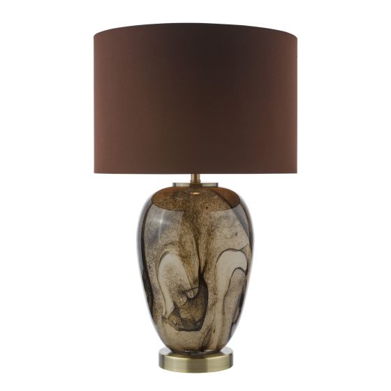 där lighting Egas Table Lamp Brown Marble Effect Glass and Antique Brass With Shade