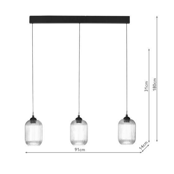 Där Lighting Eileen 3 Light Bar Pendant Matt Black And Ribbed Glass LED