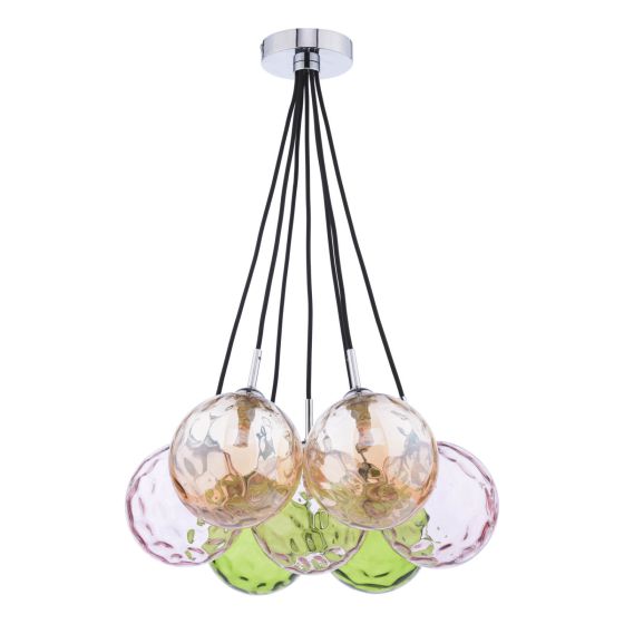 Där Lighting Elpis 7 Light Cluster Pendant Polished Chrome Mixed Coloured Glass