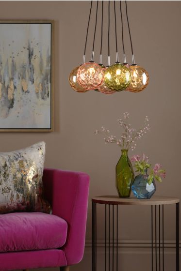 Där Lighting Elpis 7 Light Cluster Pendant Polished Chrome Mixed Coloured Glass