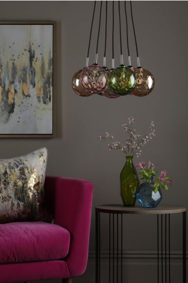 Där Lighting Elpis 7 Light Cluster Pendant Polished Chrome Mixed Coloured Glass