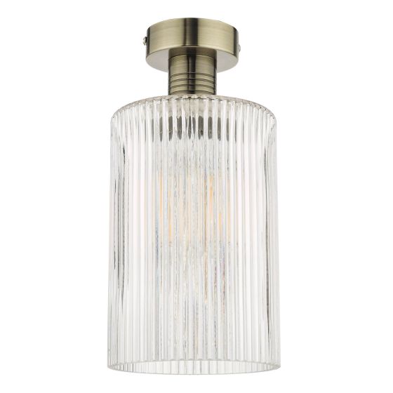 Där Lighting Emerson Semi Flush Antique Brass Cylinder Ribbed Glass