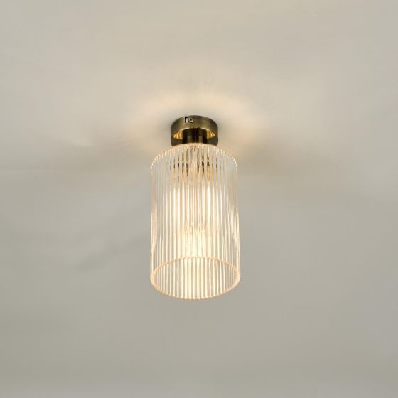 Där Lighting Emerson Semi Flush Antique Brass Cylinder Ribbed Glass