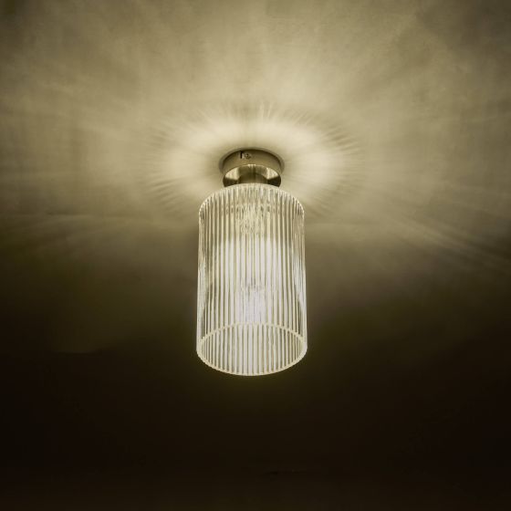 Där Lighting Emerson Semi Flush Antique Brass Cylinder Ribbed Glass